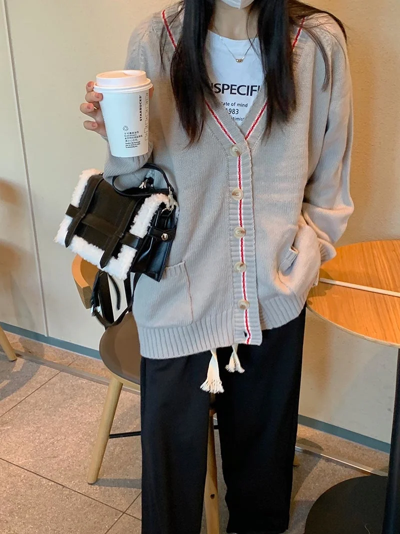 

Свободный кардиган контрастных цветов, свитер, Женская универсальная вязаная куртка с длинным рукавом для отдыха на осень и зиму