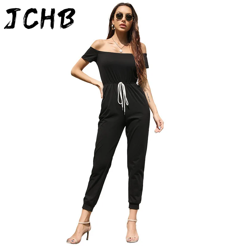 

2021 Summer Jumpsuit Women New One Piece Off Shoulder Short Sleeve Lace Up Solid Pants Overalls For Female Bodysuit