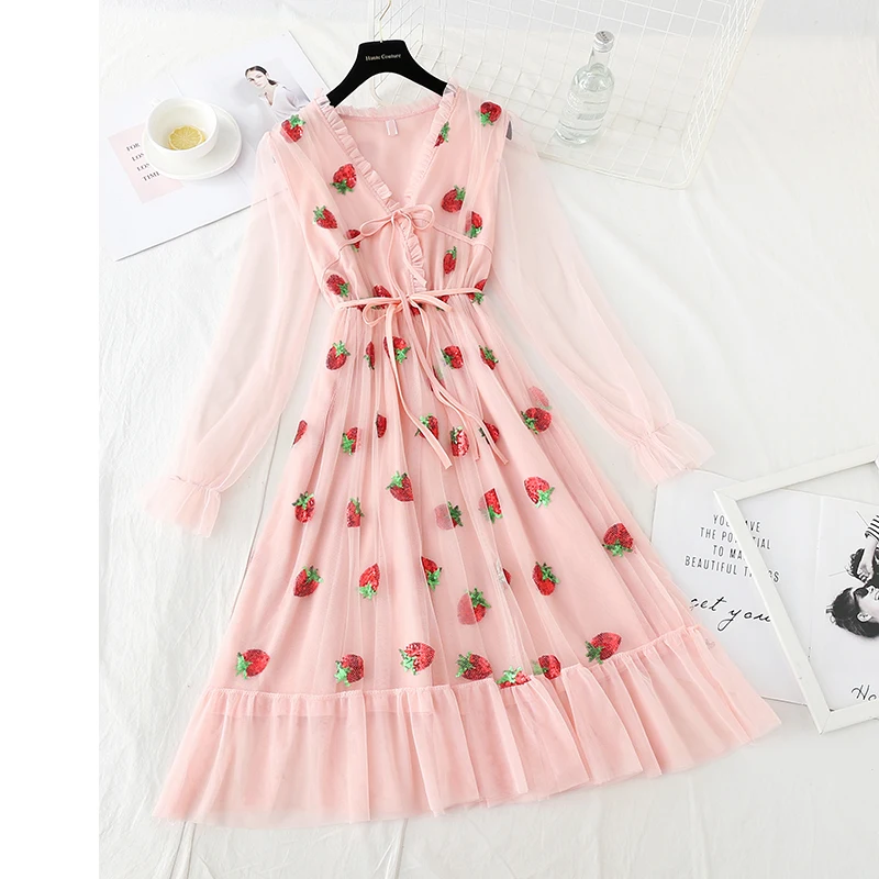 

2021 Summer Sweet Pink Dress Mesh Party Dress for Women V Neck Elastic Midi Long Dress Lace-up Sexy Print Maxi Dresses