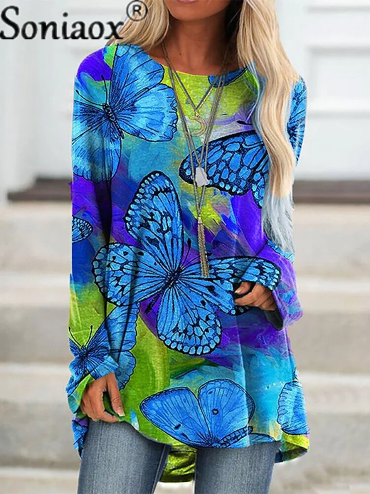 

2021 Women Casual Sweatshirt Fashion Butterfly Printing Raglan Long Sleeve Loose Tops Sweatshirt Pullover Autumn Elegant Hoodies
