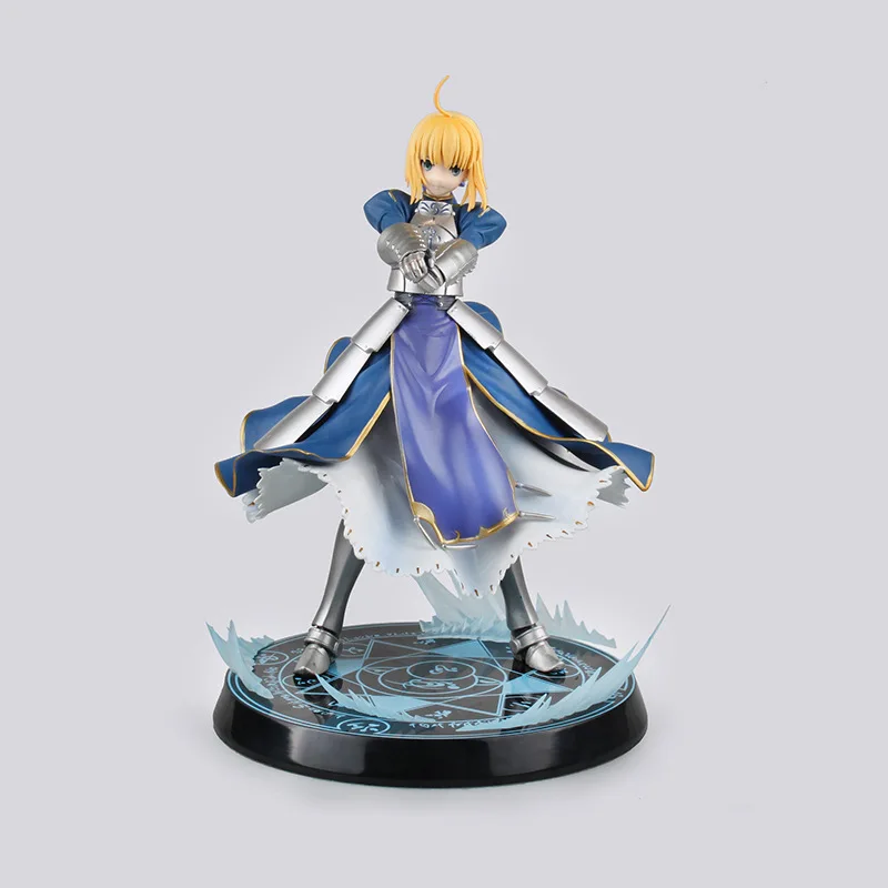 

26cm Anime Fate/stay Night Saber Action Figure Standing Posture PVC Dumb Hair Armor Long Skirt Base Hand Arrow Model Doll Toys