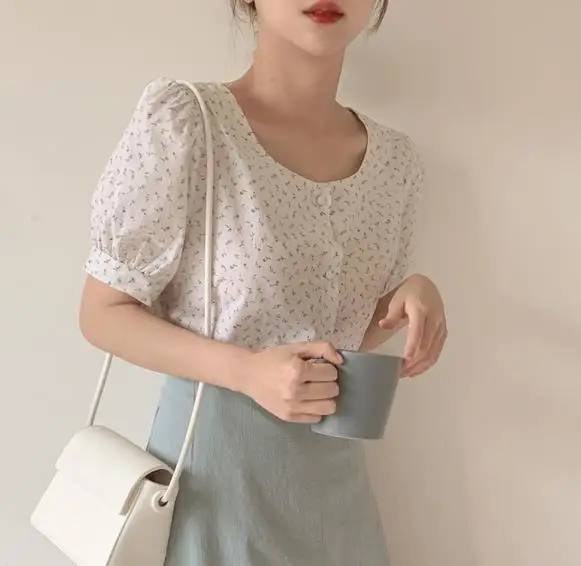 Nuevas chicas blusa de verano de las mujeres traje de camisa Tops de manga corta alta cintura imprimir una línea faldas trajes de dos piezas de vender por separado