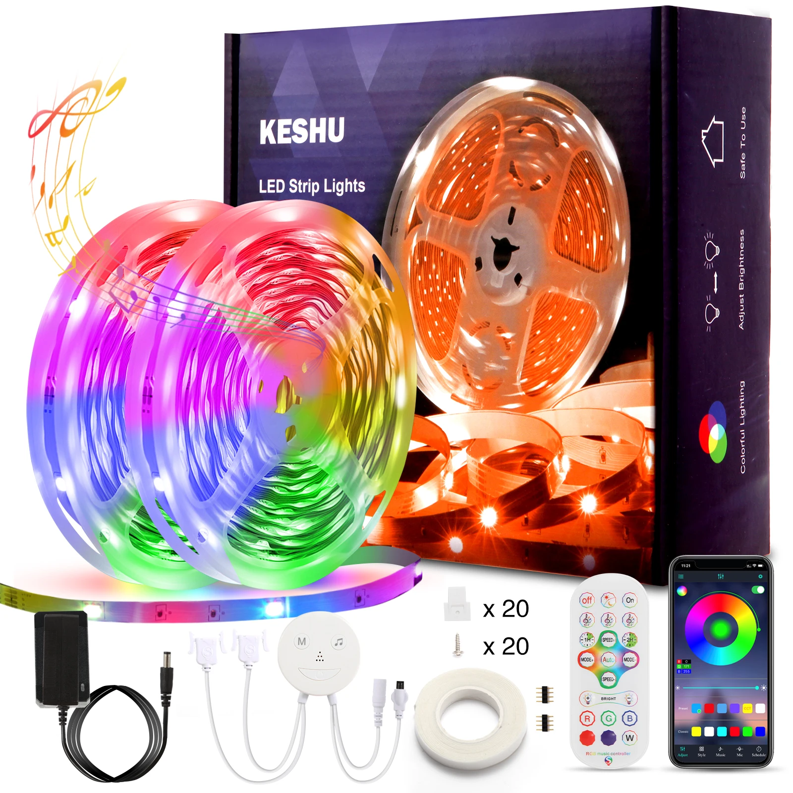 

Светодиодная лента для спальни, RGB LED полоска с поддержкой Bluetooth и App управлением, с функцией синхронизации музыки, для гостиной, кухни, дома и помещений, 65, 6 футов