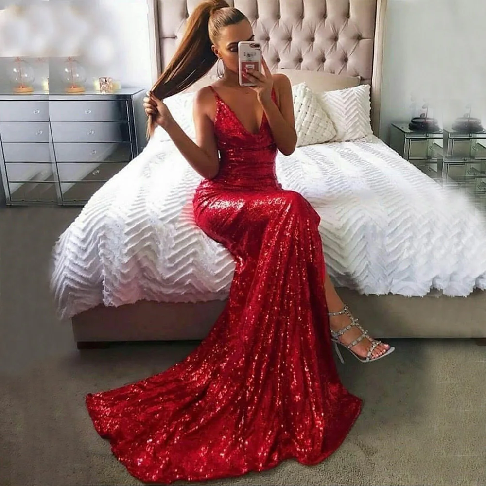 

V-Neck Red Sequin Evening Dress ShinySexy Evening Gown High Slit Long Fish Tail Formal Prom Party Dress