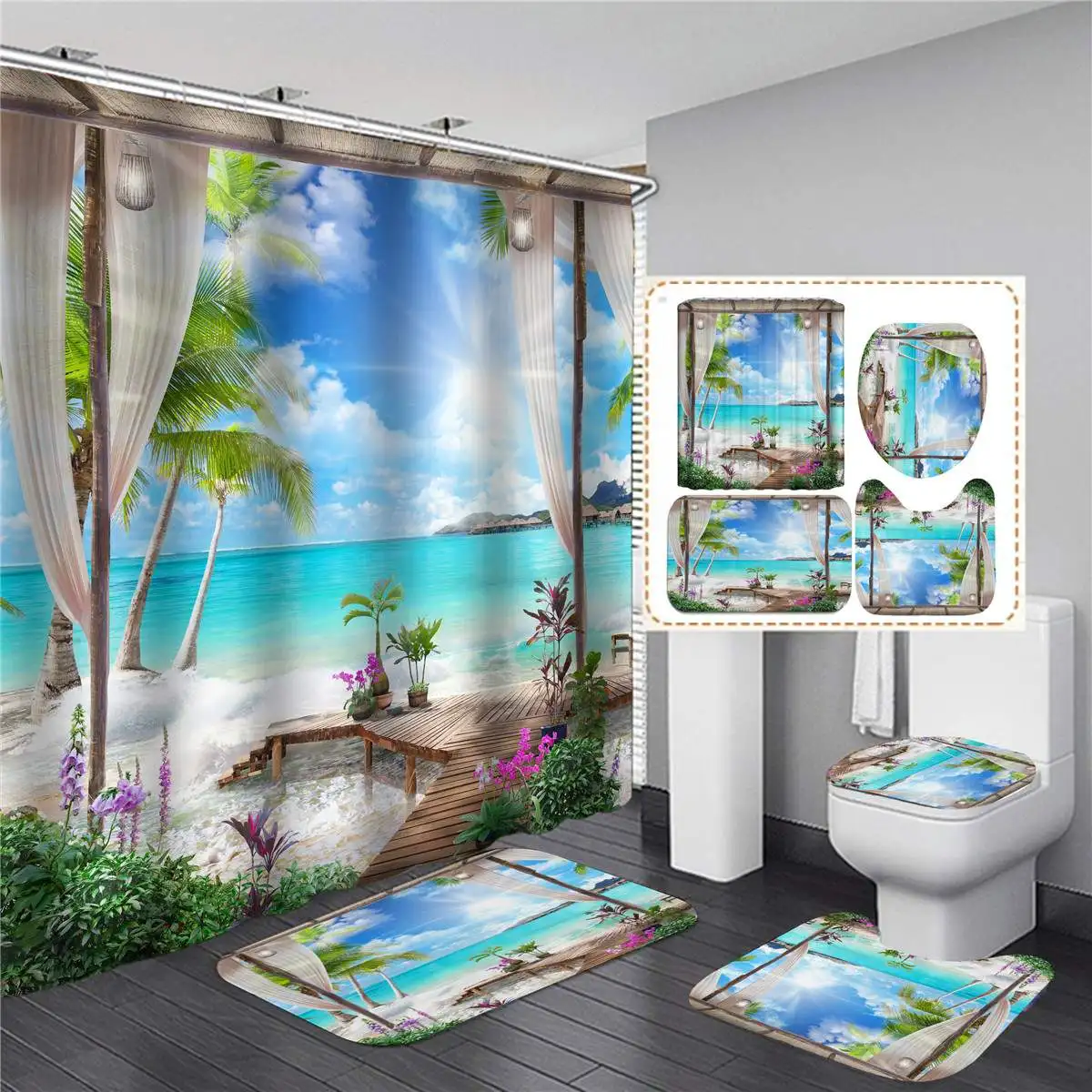 Водонепроницаемая занавеска для душа 3D Sunny Beach с принтом морской пейзаж экран