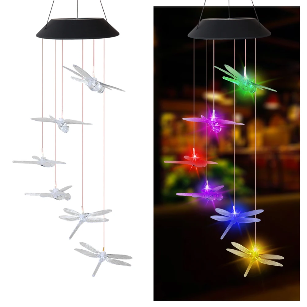 

Dragonfly Color Solar Power Wind Chime Lamps Colorful Windbell Pendant Light Waterproof Outdoor Decorative for Home Garden