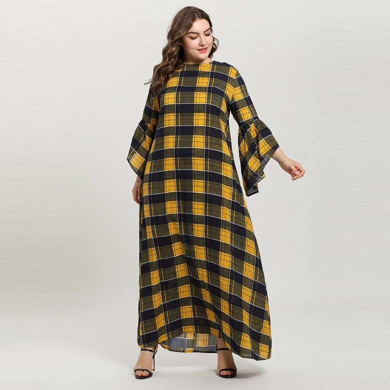 Женское желтое клетчатое повседневное длинное мусульманское платье с