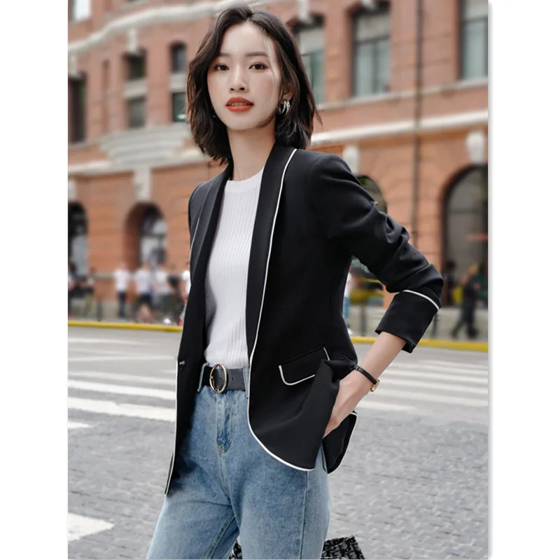 Женский черный брючный костюм Модный комплект из 2 предметов: куртка с длинными