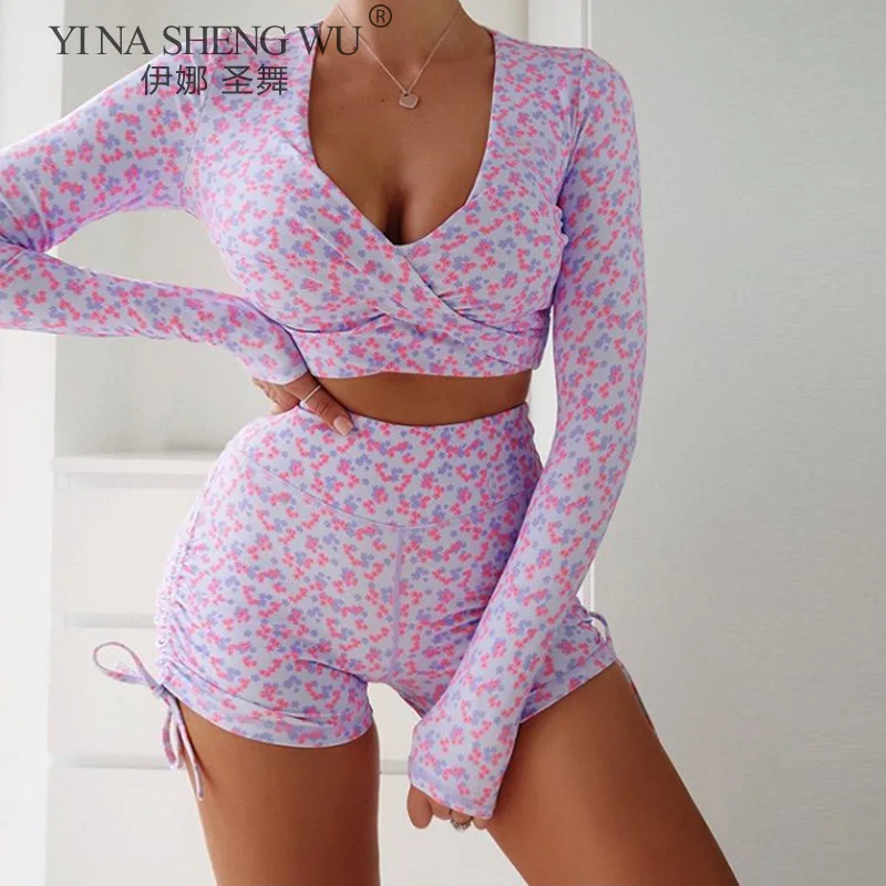 

Seamless Women Yoga Set Workout Sportswear Gym Jogging Fitness Yoga Long Sleeve Crop Top High Waist Shorts Elastic Sports Suits