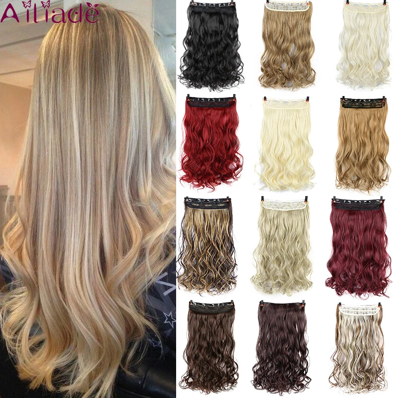 AILIADE Long wave 5 Clip In Hair Extensions Hairpieces Synthetic Natural Black to Grey Ombre Two Tones Fake | Шиньоны и парики