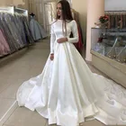 Платье свадебное с длинным шлейфом, простое атласное белое мусульманское платье невесты с длинным рукавом