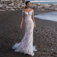lorie elegant lace appliques wedding dresses mermaid with long sleeve illuison back button champagne bridal gowns sweep train