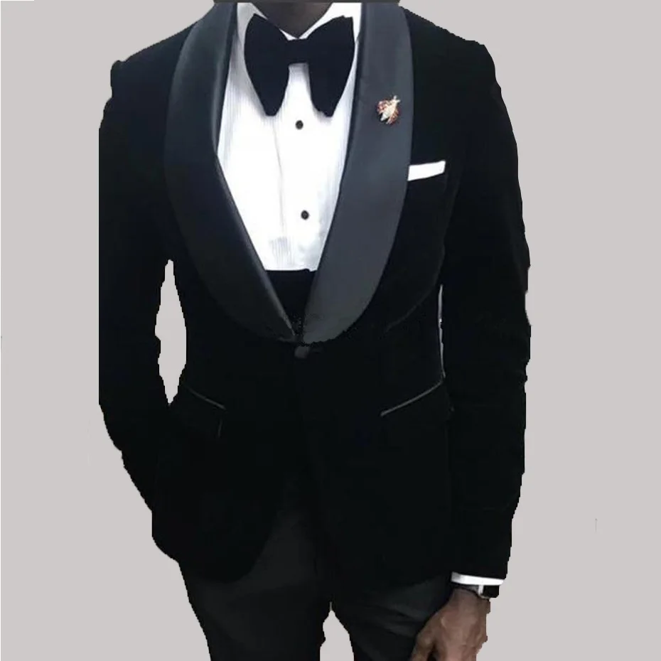 Новые Популярные черные бархатные Мужские костюмы на одной пуговице свадебные