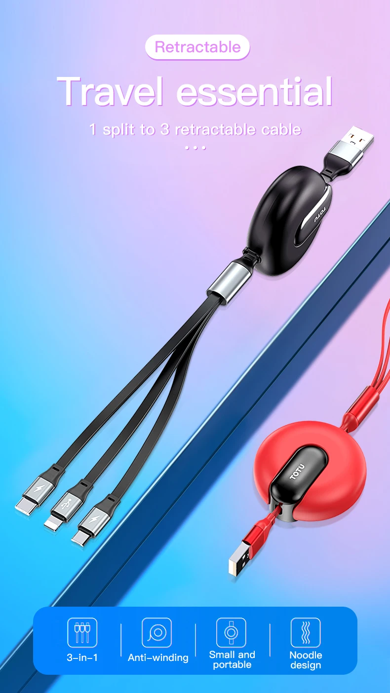 

Fast Charging Cable 1 Wire 3 Suitable For Micro+Lightning+Type-C 1 Minute 3 Retractable Data Cable Safe Fast Charging Cable