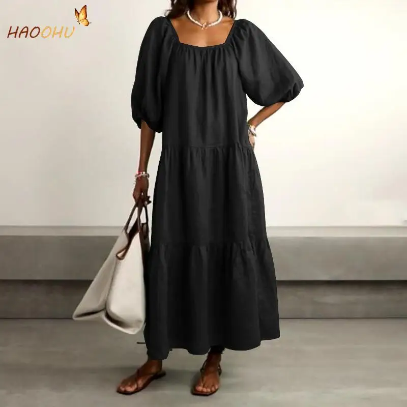 

HAOOHU Solid Color Mid-Length Dress Fashion Urban Casual Halter Backless Loose Light Dresses Woman Summer 2021 Ladies Sundress