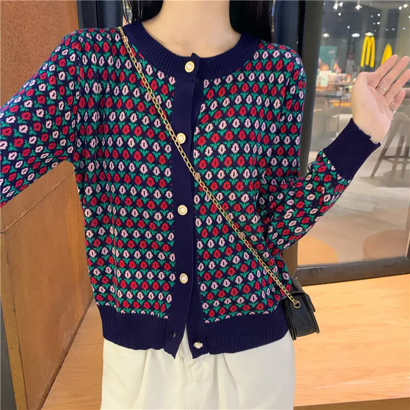 

Retro jacquard sweater cardigan women's coat loose 2021 autumn and winter sweater top kawaii cardigan V-Neck COTTON