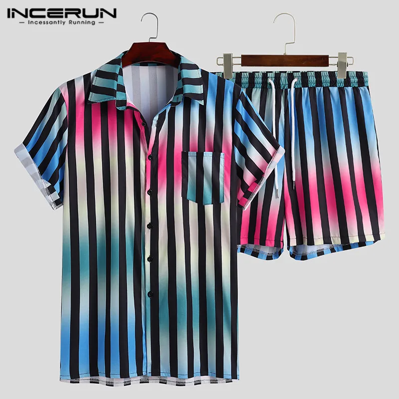 

Men Sets Fashion Striped Summer Beach Suits Short Sleeve Tops Drawstring Shorts 2 Pieces Man Gardient Printed Sets S-3XL INCERUN