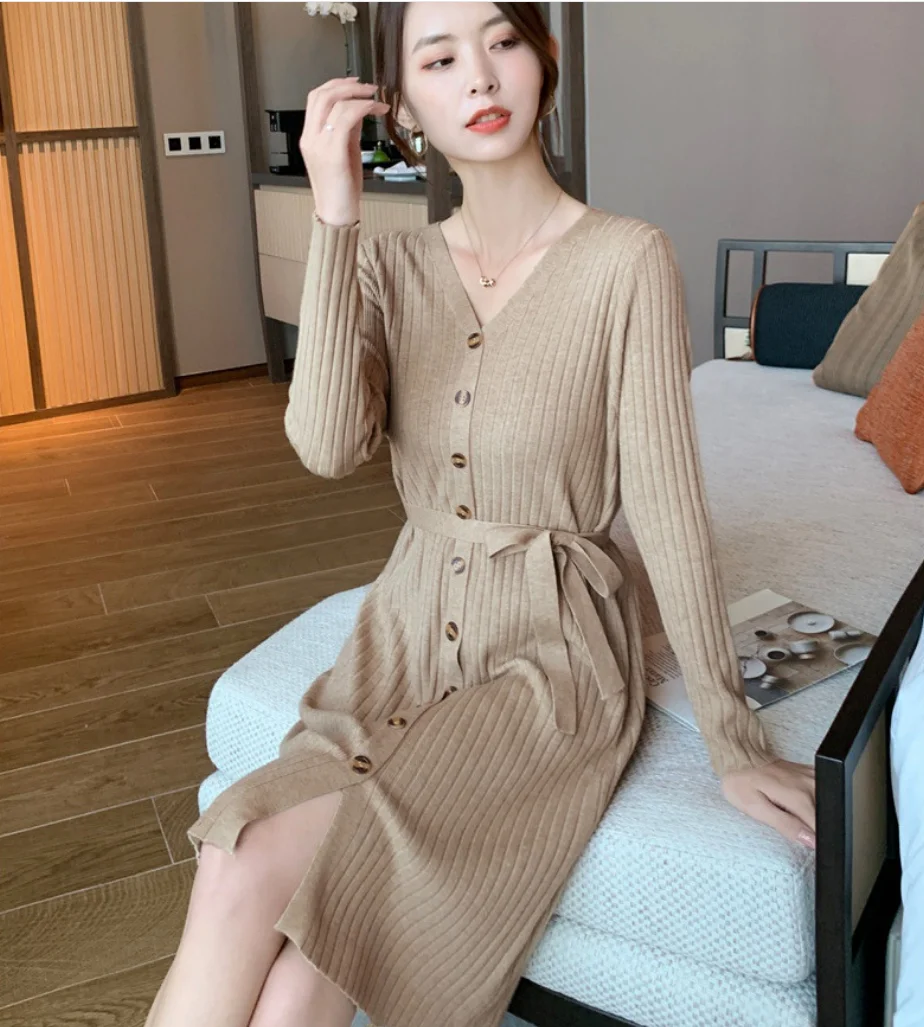 

Autumn Winter Dress 2021 Elegant French Slim Belt Warm Women Stretch Knitted Dress V-Neck Knit Chic Bodycon Sweater Dress