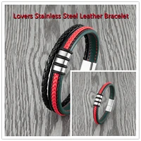 2021 new braided rope red and green leather bracelet for men and women couples simple stainless steel charm retro jewelry bracel