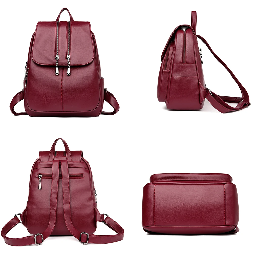 Casual Double Zipper Backpacks Female Large Capacity School Bags for Girls Leather Shoulder Bag Travel Backpack For Women 2019 |