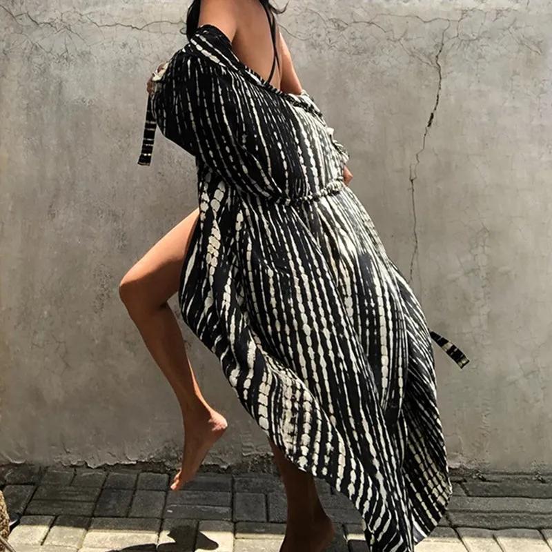 

Women Striped Half Sleeve Lace Up Cardigan Casual Beach Loose Sunscreen Robe Top