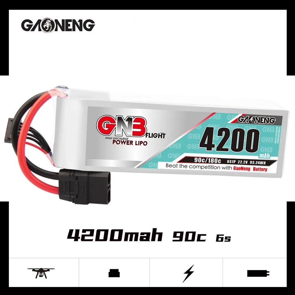 

Gaoneng GNB 6S 4200mAh 6S1P 22.2V 90C/180C Lipo Battery with XT60 XT90 T Plug for FPV Drone RC Helicopter Car Boat RC Parts