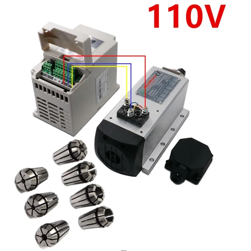 HJ 110V CNC 1,5 кВт 220 В/110 В квадратный шпиндель воздушного охлаждения комплект ER11 Цанга 1500 Вт мотор шпинделя с воздушным охлаждением+ 1,5 кВт VFD фрезерный станок - Цвет: HJ 110V