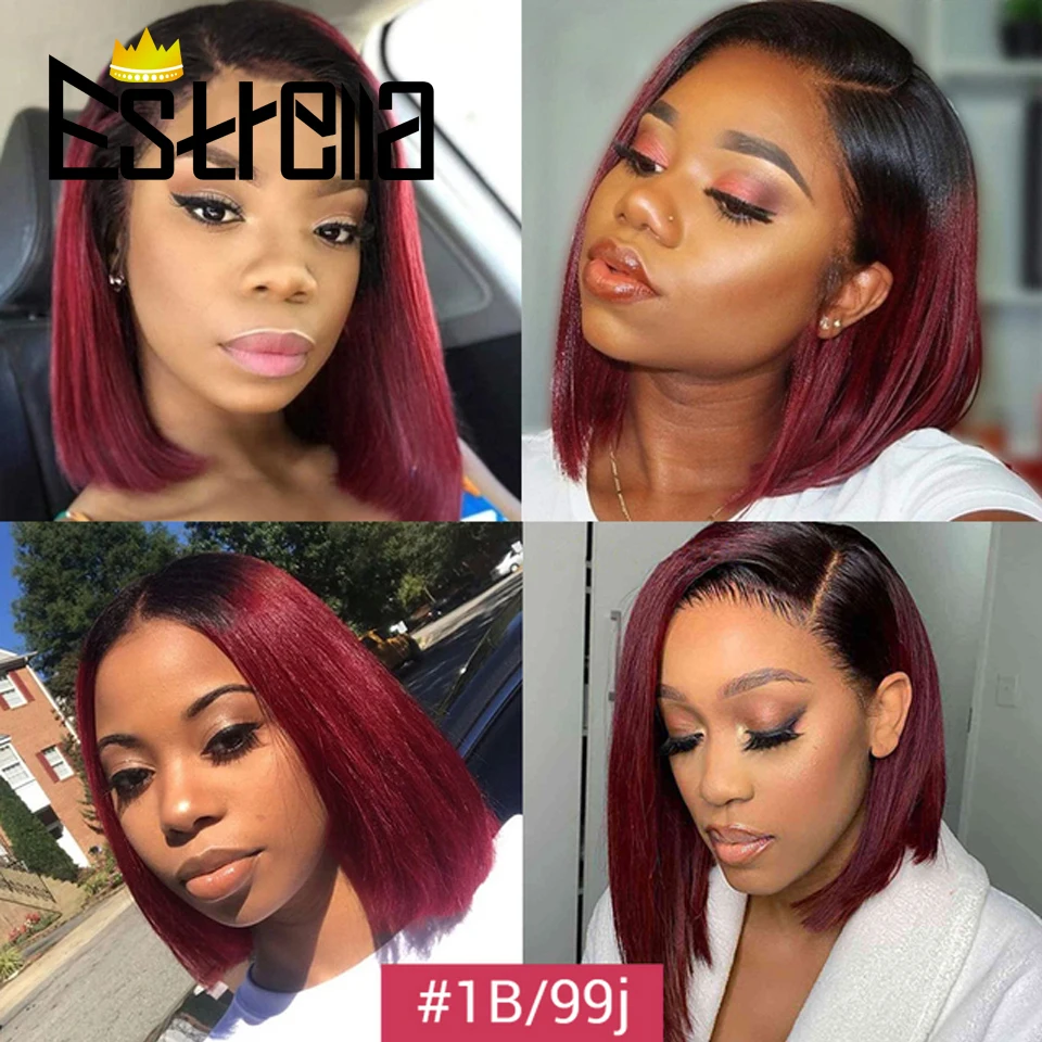 

Brazilian Ombre Short Bob Lace Wig 4x4 Lace Closure Straight Hair Bob Wigs 1B 99J Color Remy Hair Colored 100% Human Hair Wigs