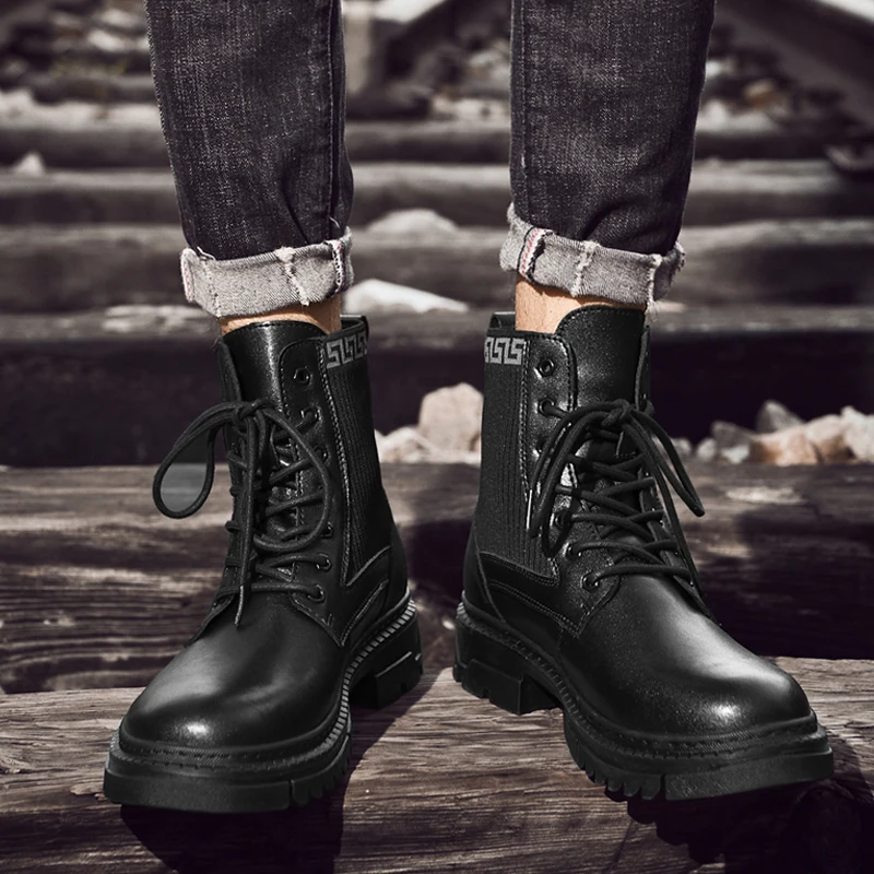 2022 Autumn Winter Leather Boots Men Military Black Shoes Male Ankle Boot Man Plus Size 37-49 Waterproof Warm Snow Boots For Men