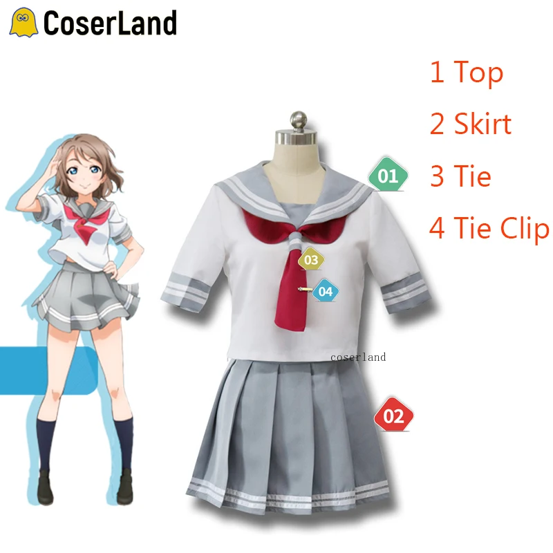 

LoveLive!Sunshine!! Aqours Watanabe You Skirt Set School Girl Cosplay Lolita Kawaii Sailor Dress Sweet Suit Costume Watanabe Wig