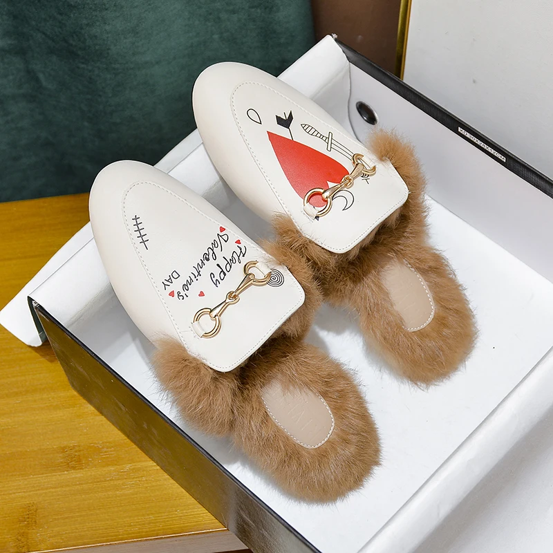 

Winter 2021 new flat muller rabbit hair shoes round head baotou fashion design outdoor lady Furry slippers
