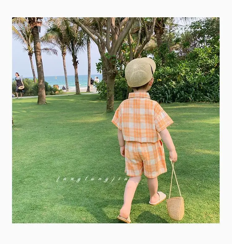 

New Summer Kids 2Pcs Cotton Plaid Short Sleeves Sets Kids England Style Girl Suit Boys 2pcs Clothing Set Baby Boys Casual Outfit