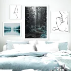 Настенная картина с изображением леса дерева озера, абстрактных линий, пейзаж на холсте, скандинавские постеры и принты, настенные картины для декора гостиной