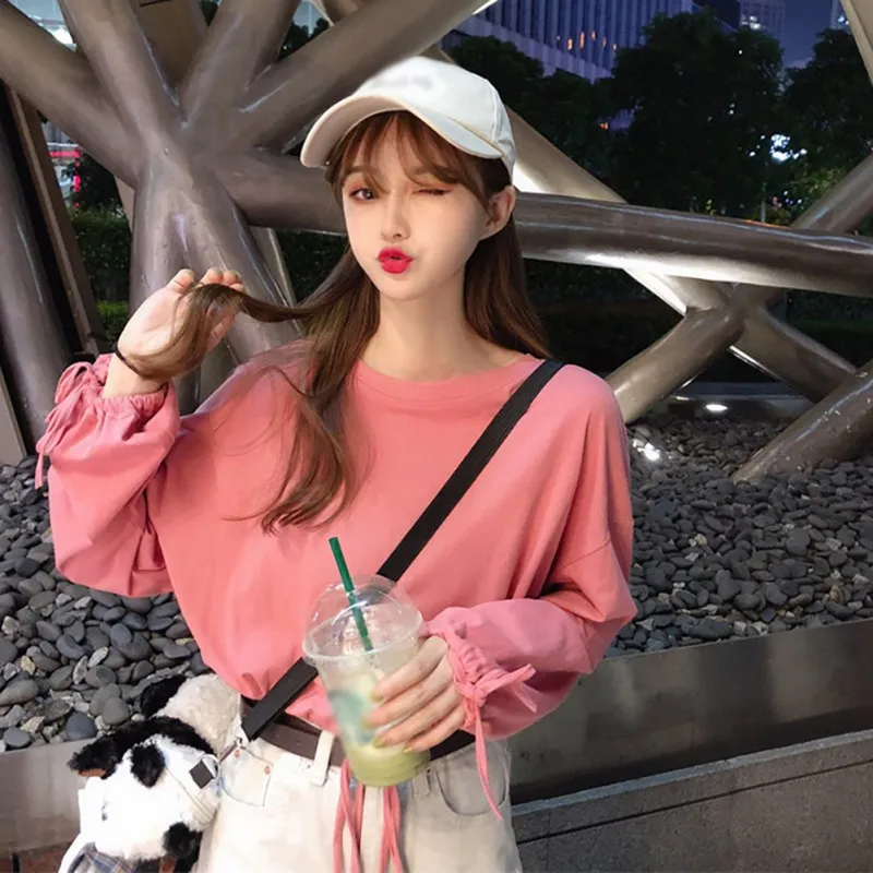 

Women Autumn Sexy Solid Color Drawstring Round Collar Loose Long Sleeve Blouse Casual Tops