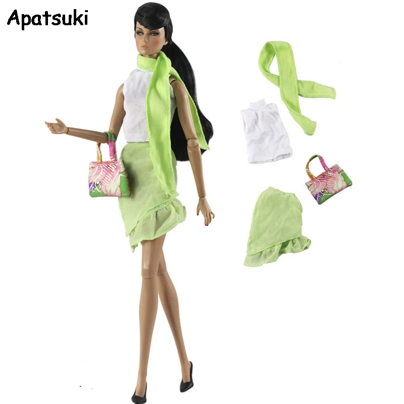 1Set Green Outfits Clothes Sets for Barbie Doll Outfits White Tops Shirt Mini Skirt Scarf Handbag Purse 1/6 BJD Doll Accessories