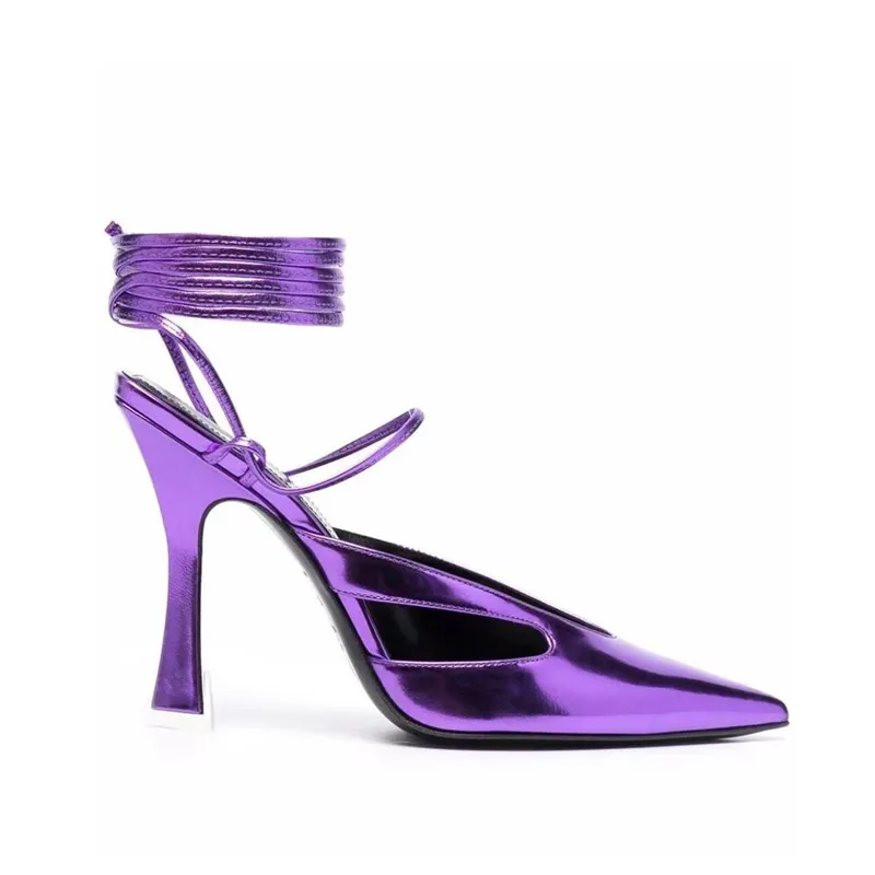 

Ladies Fashion Banquet Sandals Brand New Pointed Stiletto High Heels Nude Straps Catwalk Hollow Purple Sandals Large Size 34-43