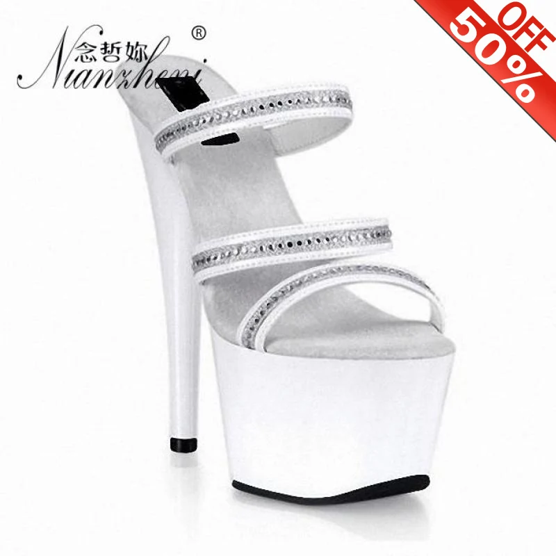 

17cm Womens Fashion Platform Ankle Strap Sandals Party Rhinestone Shoes 7 Inch Sexy Evening Party High Heels Slippers