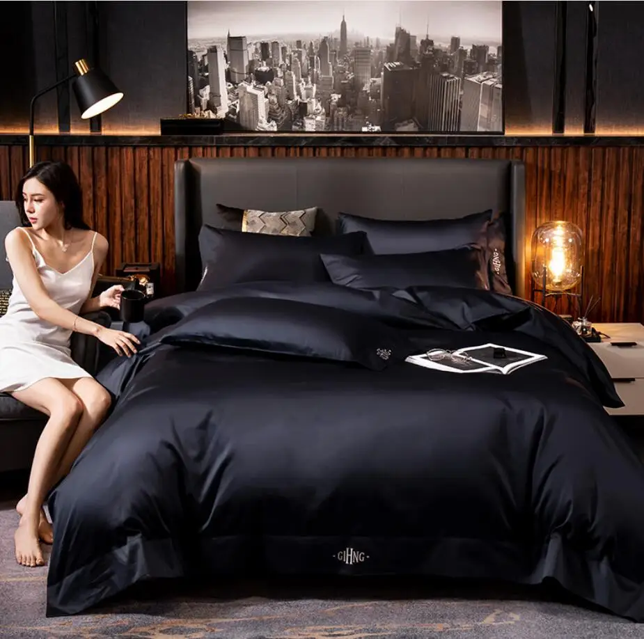 Темно-синие мягкий Египетский хлопок Постельное белье King Queen рисунок из