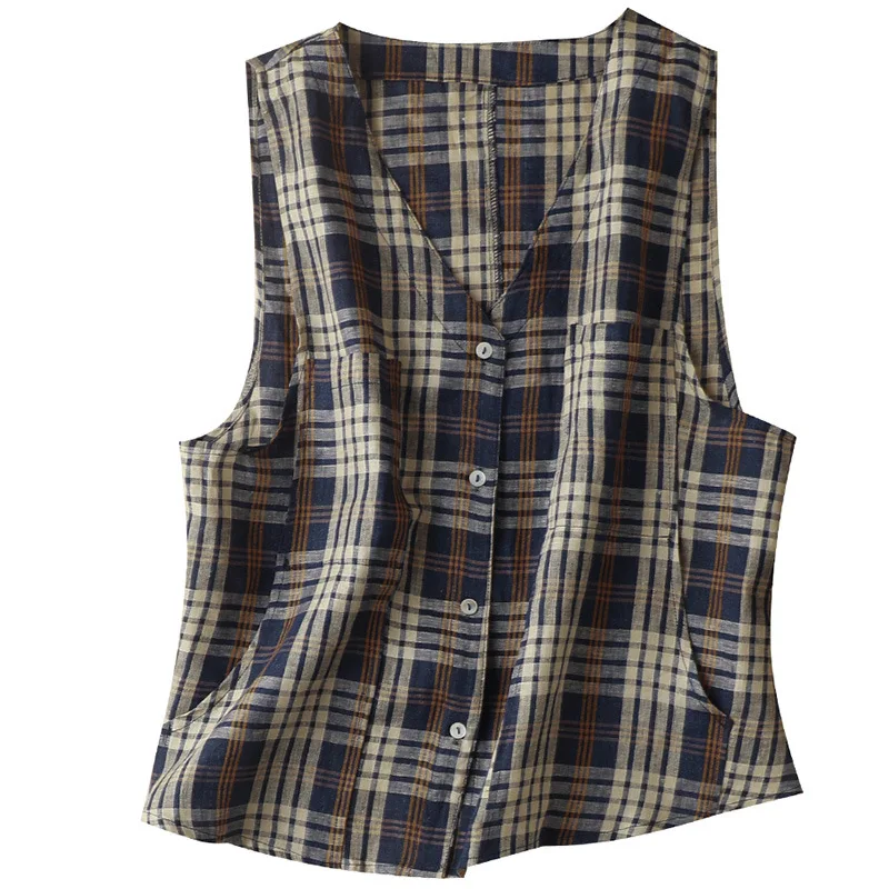 

Shuchan Plaid Women Vest V-Neck Single Breasted Vintage Spring/Autumn Women Korean Style 2021 Sleeveless Jacket Women