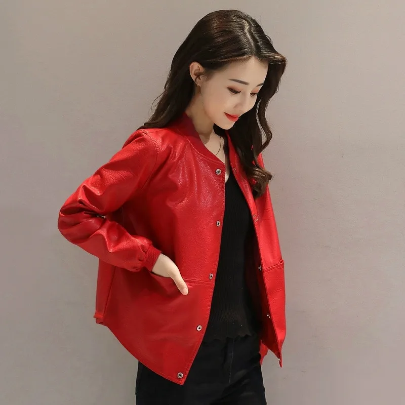 

Fashion Women Autumn Loose PU Leather Short Jacket Motorcycle Coat Faux Leather Oversized Red Jacket Girl 2xl 3xl Streetwear Hot