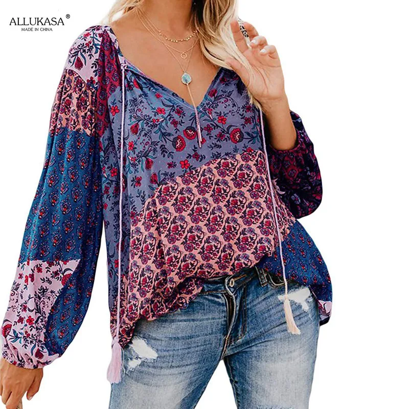 Ladies Casual Drawstring  V Neck  Blouse Women  Long Sleeve Floral Print Boho Loose  Vintage Chic Shirts Plus Size  New