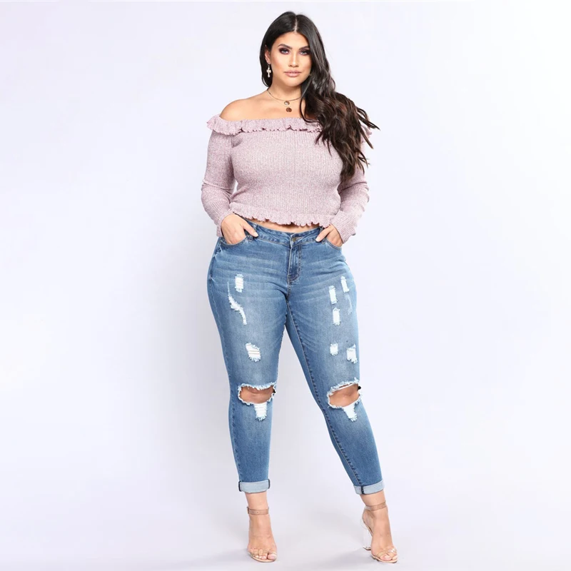 Лидер продаж модные женские джинсы новые средней талии с дырками длинные узкие