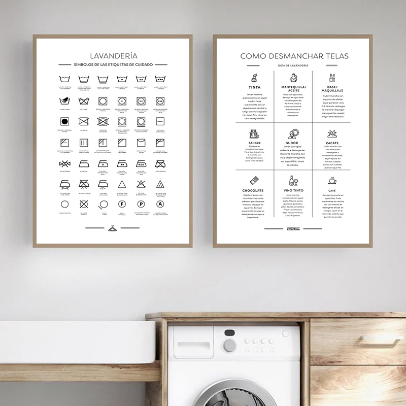 

Spanish Laundry Quotes Wall Pictures Symbols Stains Guide Canvas Painting Prints Stain Removal Poster Modern Laundry Room Decor