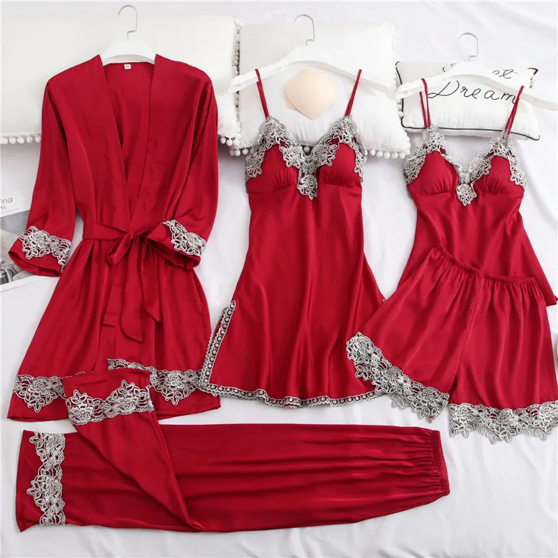 

Women Summer Sexy Lace Sleepwear 5PCS Pajama Set Nightwear Daily Home Wear Female Pyjama Lingerie Nightgown Lounge Bathrobe