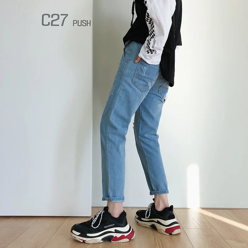 

Fashion Casual Ripped Jeans Streetwear Solid Loose Fit Denim Trousers 2019 Summer Autumn Hole Cuffs Ankle Length Pencil Jeans