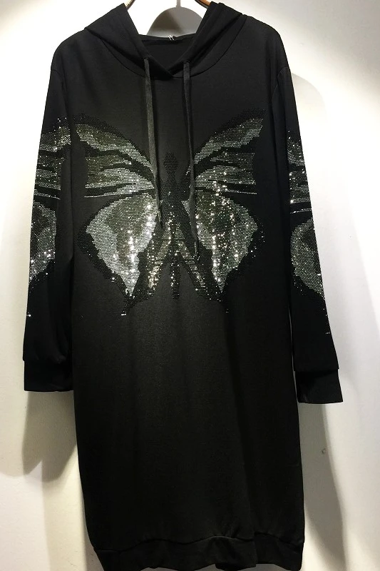 

QING MO The New Butterfly Pattern Hot Drilling Dress 2021 Autumn Round Neck Hooded Shirt Loose Woman Mid-length Dress LHXX453