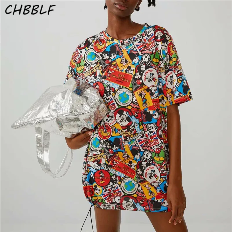 CHBBLF женское милое мини платье с мультяшным принтом круглый воротник оборки