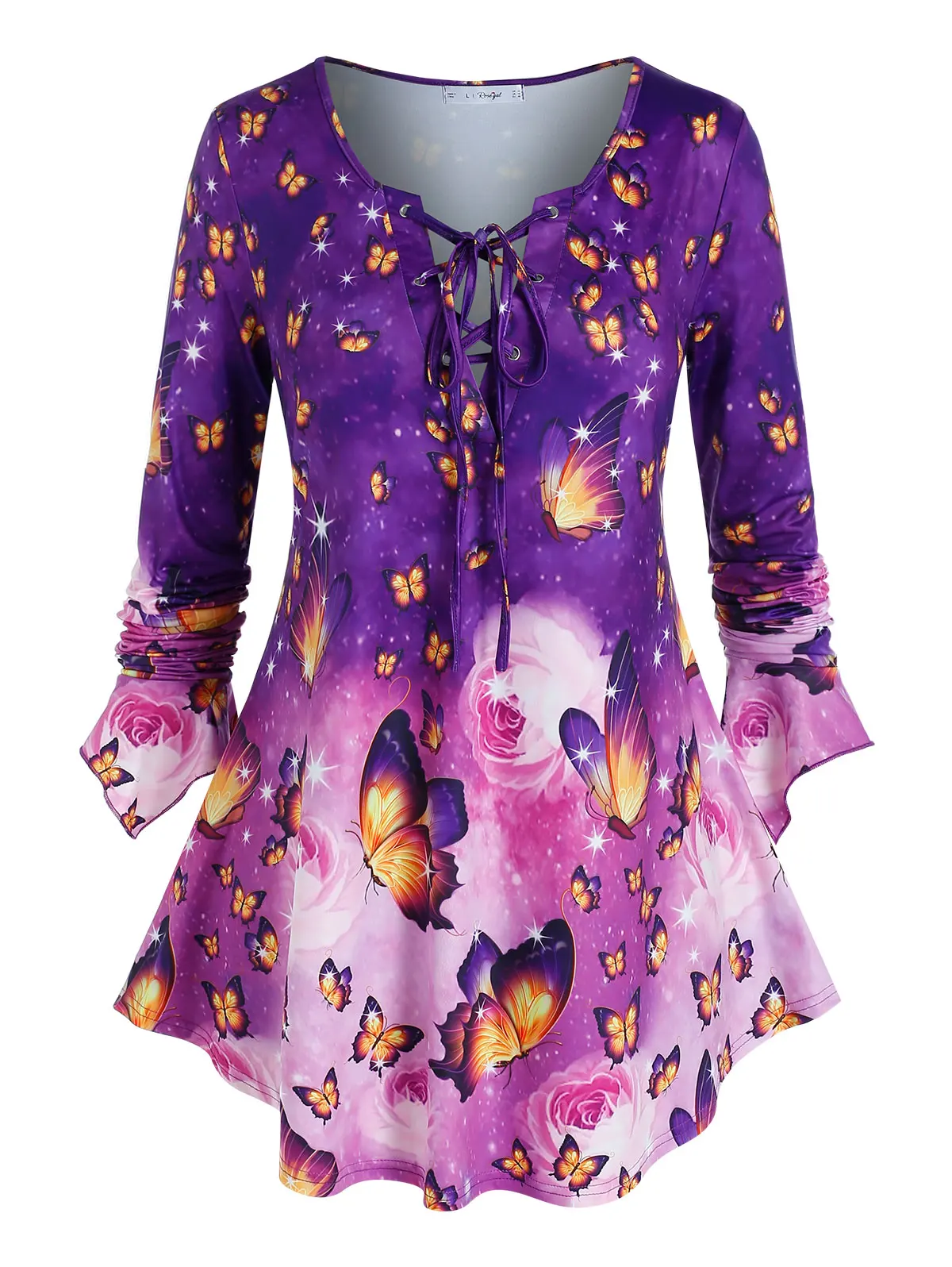 

Plus Size Lace Up Butterfly Print Bell Sleeve Tee Top Female Women'S Long Sleeve Top camisas de mujer Long Sleeve Tees
