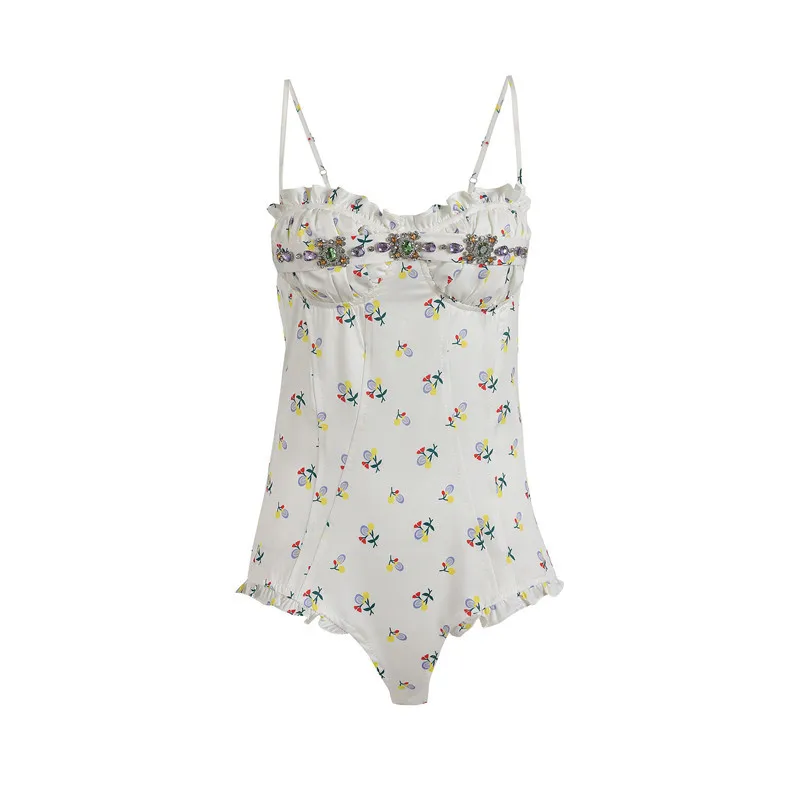 

Summer New French Pure Desire Style Exquisite Rhinestone Floral Strap Vest Outer Wear Hot Girl Sleeveless Short Top for Women