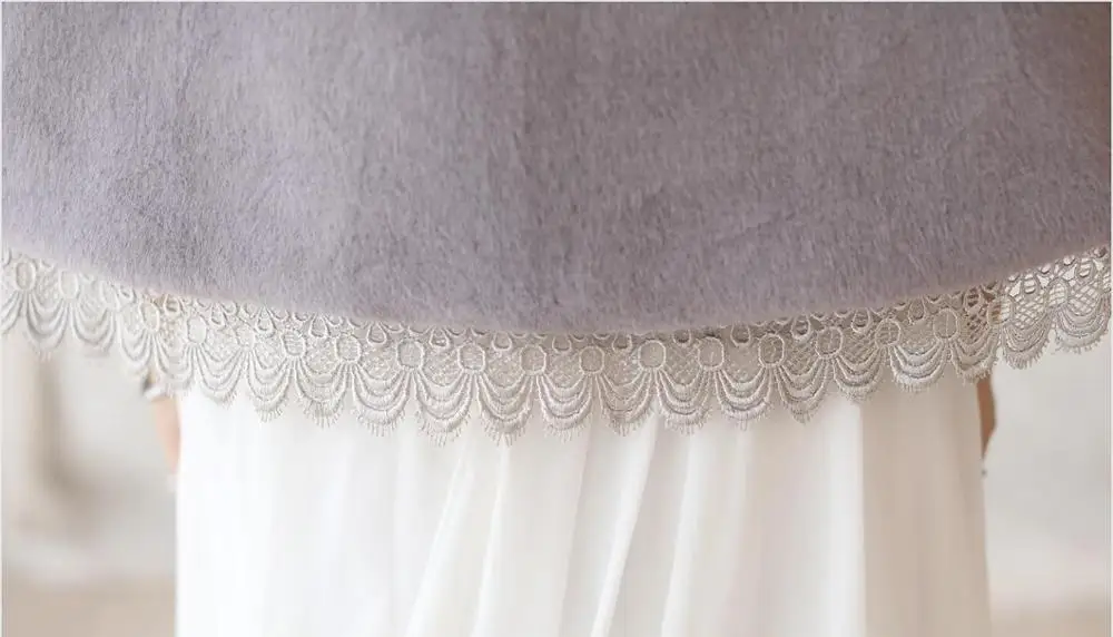 

SHAMAI Gray Women Winter Bridal Shawl Lace Hem Bridal Wraps Warm Faux Fur Wedding Wrap Boleros Wedding Shawl Evening Party Cape